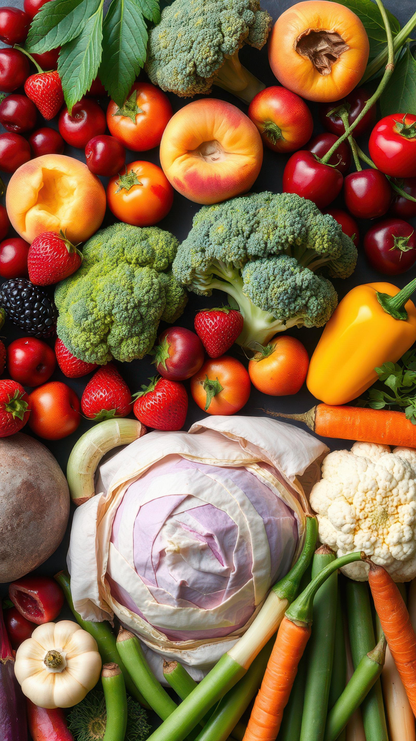 A colorful array of fresh produce, including peaches, broccoli, strawberries, and carrots, is arranged on a dark surface